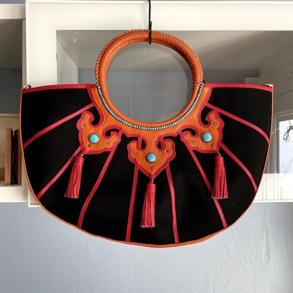 SHANGHAI TANG Leather & Canvas Tote Handbag Stones Tassels - Picture 2 of 8